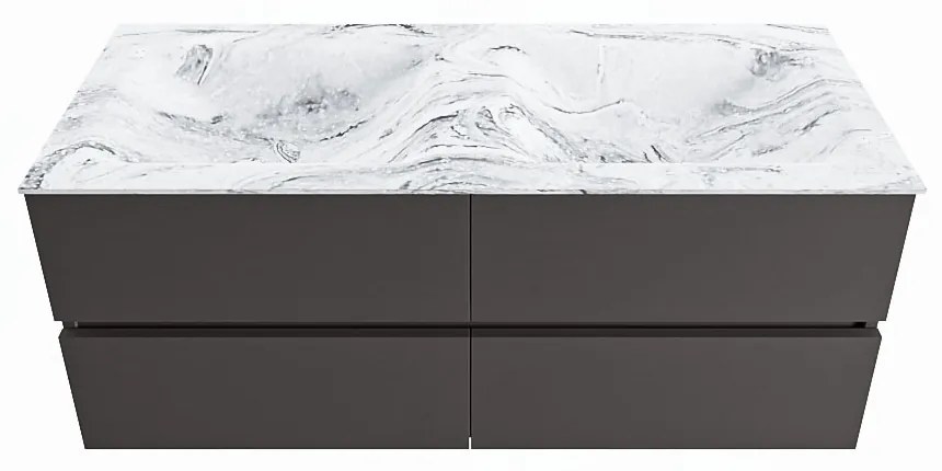 Mondiaz Vica DLux badmeubel 120cm dark grey 4 lades met wastafel glace dubbel 2 kraangaten