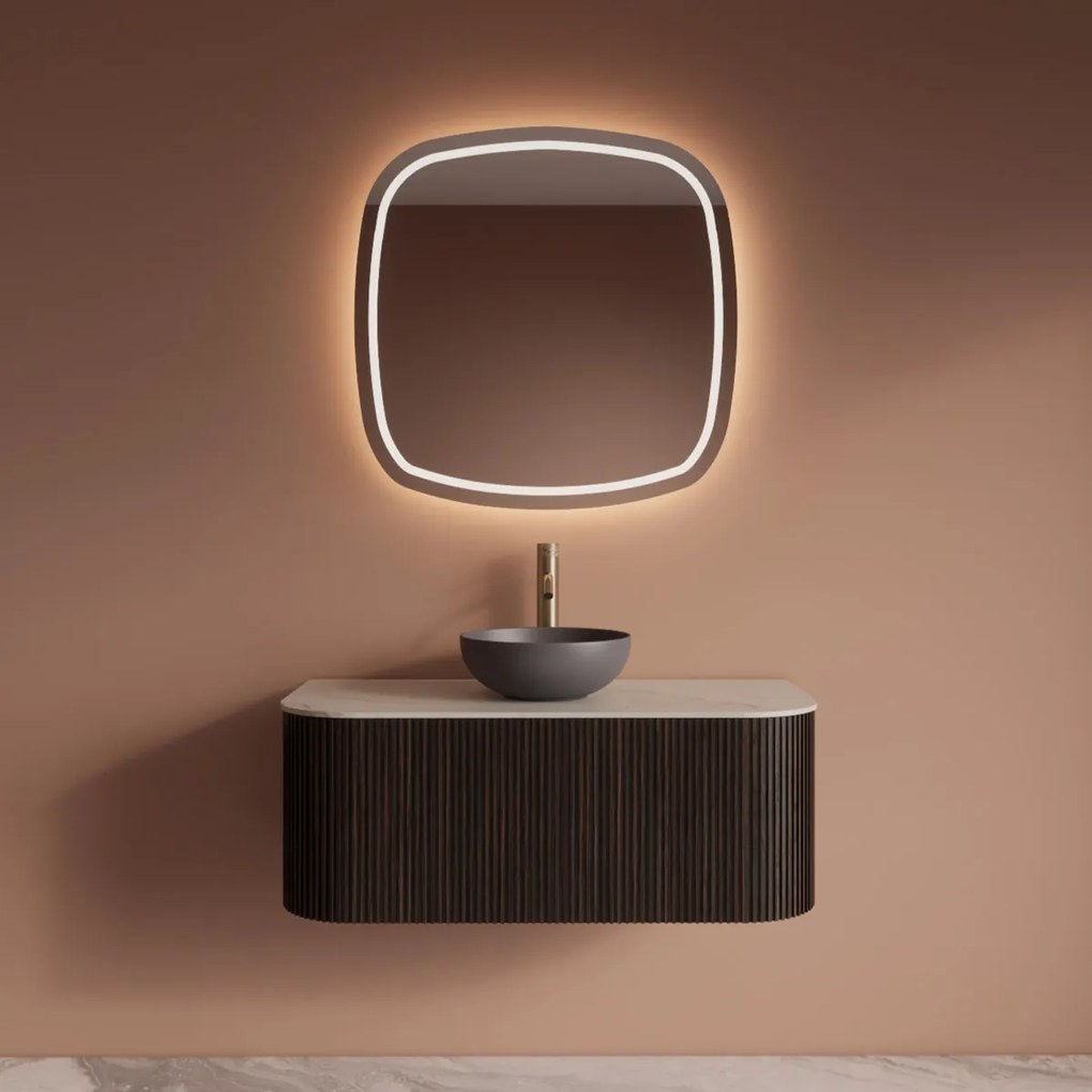 Gliss Design Alluro badmeubel ribbelfront met ronding links/rechts 100cm ebony en wit marmer toppaneel