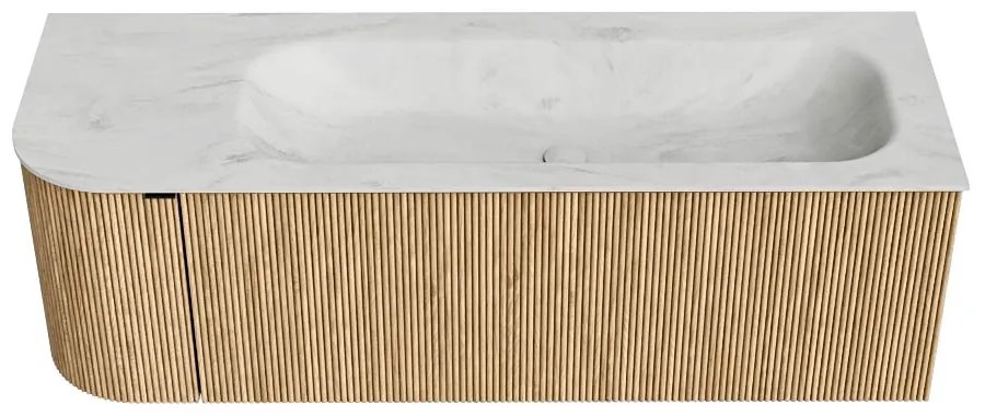 Mondiaz Kurve-dlux 135cm badmeubel ronding links oak met 1 lade en deur en wastafel big medium kraangat rechts opalo