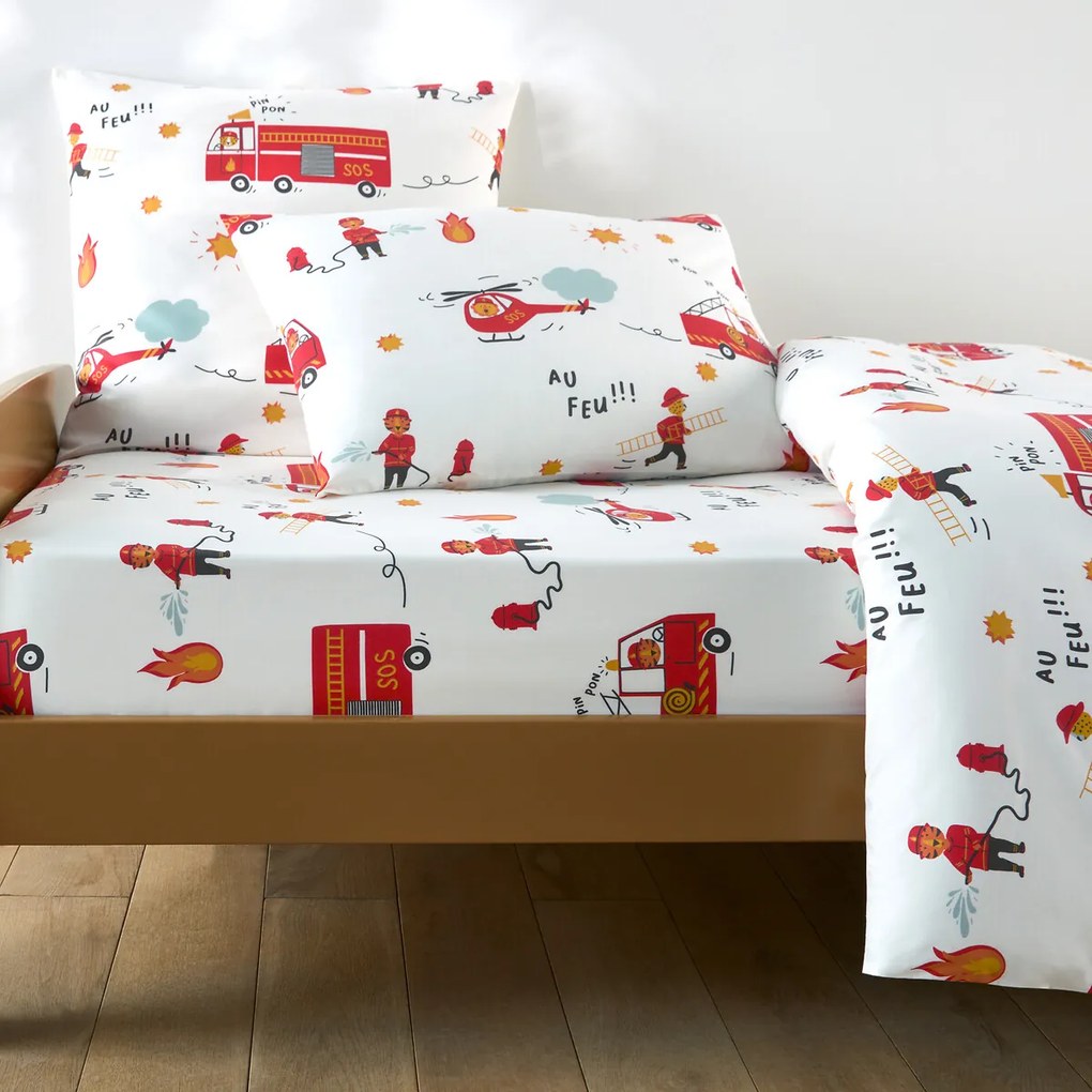 Hoeslaken voor kinderen, 30% gerecycled katoen, brandweerman opdruk, kap van 25 cm, BRANDWEERMAN SAM