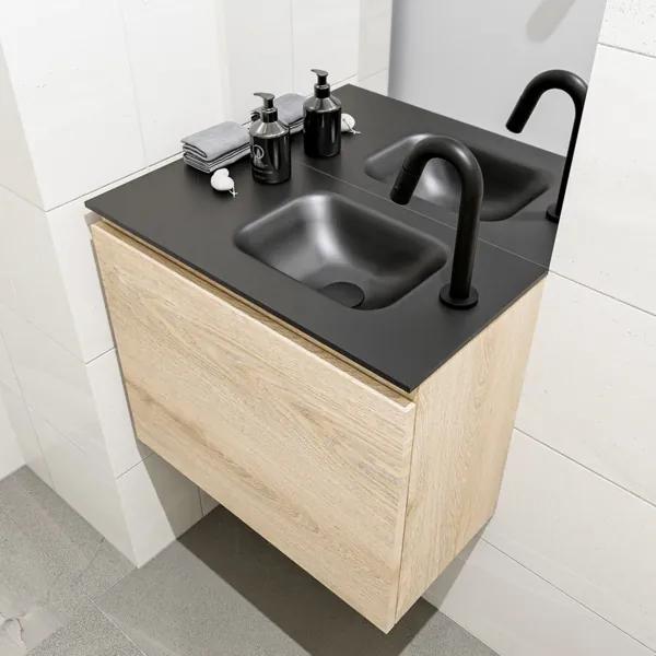 MONDIAZ OLAN Toiletmeubel 60x30x40cm met 1 kraangaten 1 lades washed oak mat Wastafel Lex rechts Solid Surface Zwart FK75343023