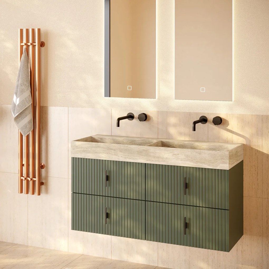 Muebles Murcia badmeubel ribbelfront 120cm legergroen met White Travertin wastafel zonder kraangaten