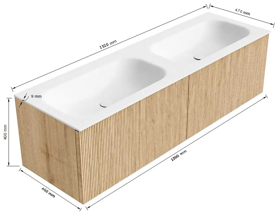 Mondiaz Kurve 150cm badmeubel ruby met 2 lades en wastafel big small dubbel zonder kraangat urban