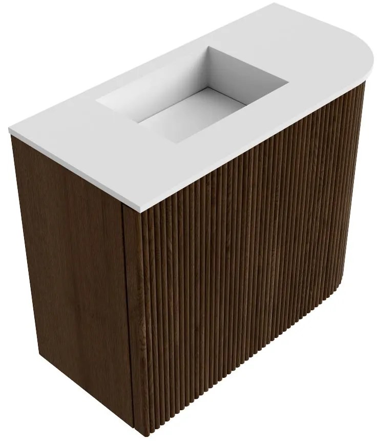 Mondiaz Joya 50cm toiletmeubel ronding rechts walnut met wastafel faye links zonder kraangat talc