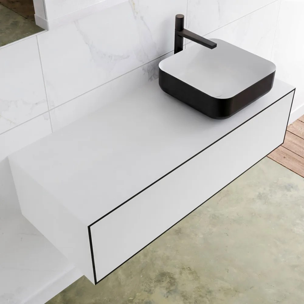 Zaro Lagom volledig naadloos solid surface onderkast met topblad 110cm mat zwart met 1 lades Push tot open. Compleet met solid surface opzetkom met 1 kraangat(en)