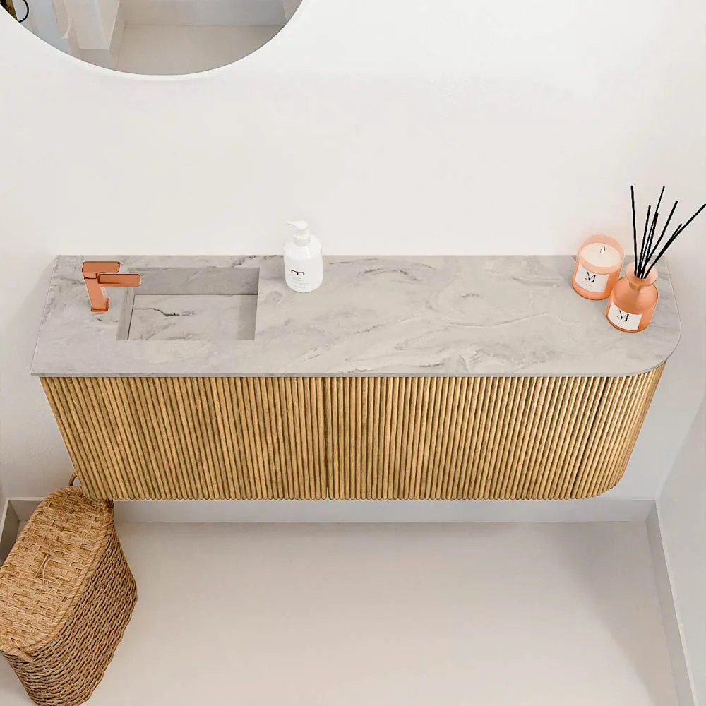 Mondiaz Joya DLux 100cm toiletmeubel ronding rechts oak met wastafel faye links 1 kraangat glace