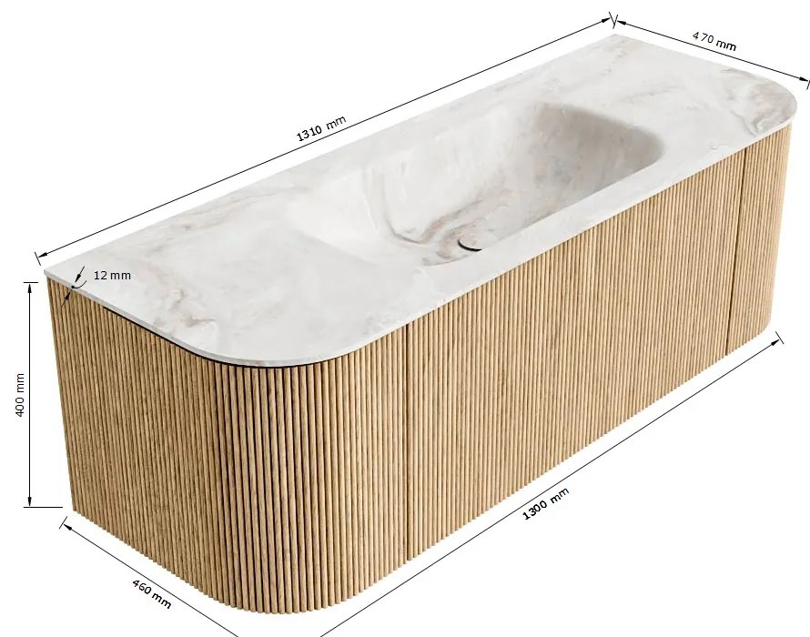 Mondiaz Kurve-dlux 130cm badmeubel ronding links/rechts oak met 1 lade en 2 deuren en wastafel big small midden 1 kraangat lava