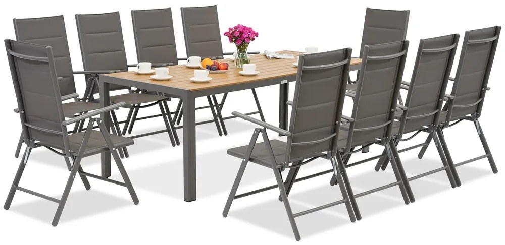 Garden Point grijze aluminium tuinmeubelen met grote Verona Wood tafel voor 10 personen