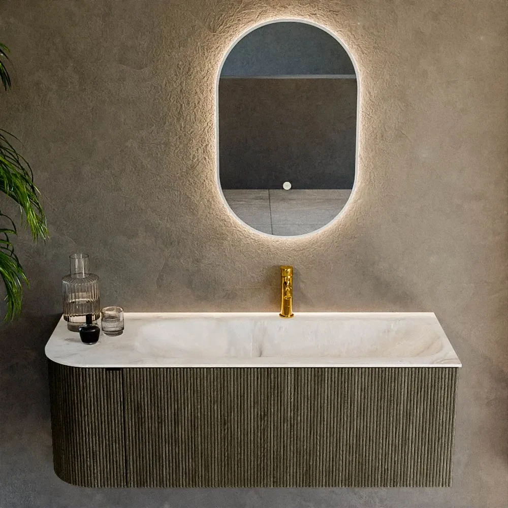 Mondiaz Kurve-dlux 125cm badmeubel ronding links shadow met 1 lade en deur en wastafel big medium kraangat rechts frappe