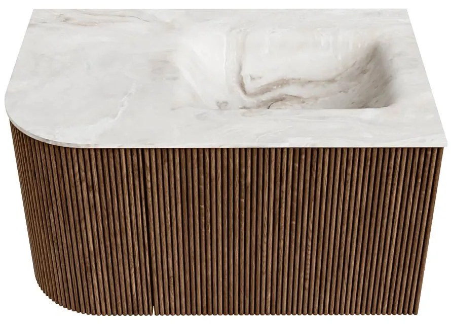 Mondiaz Kurve-dlux 75cm badmeubel ronding links walnut met 1 lade en deur en wastafel grunne rechts zonder kraangat frappe