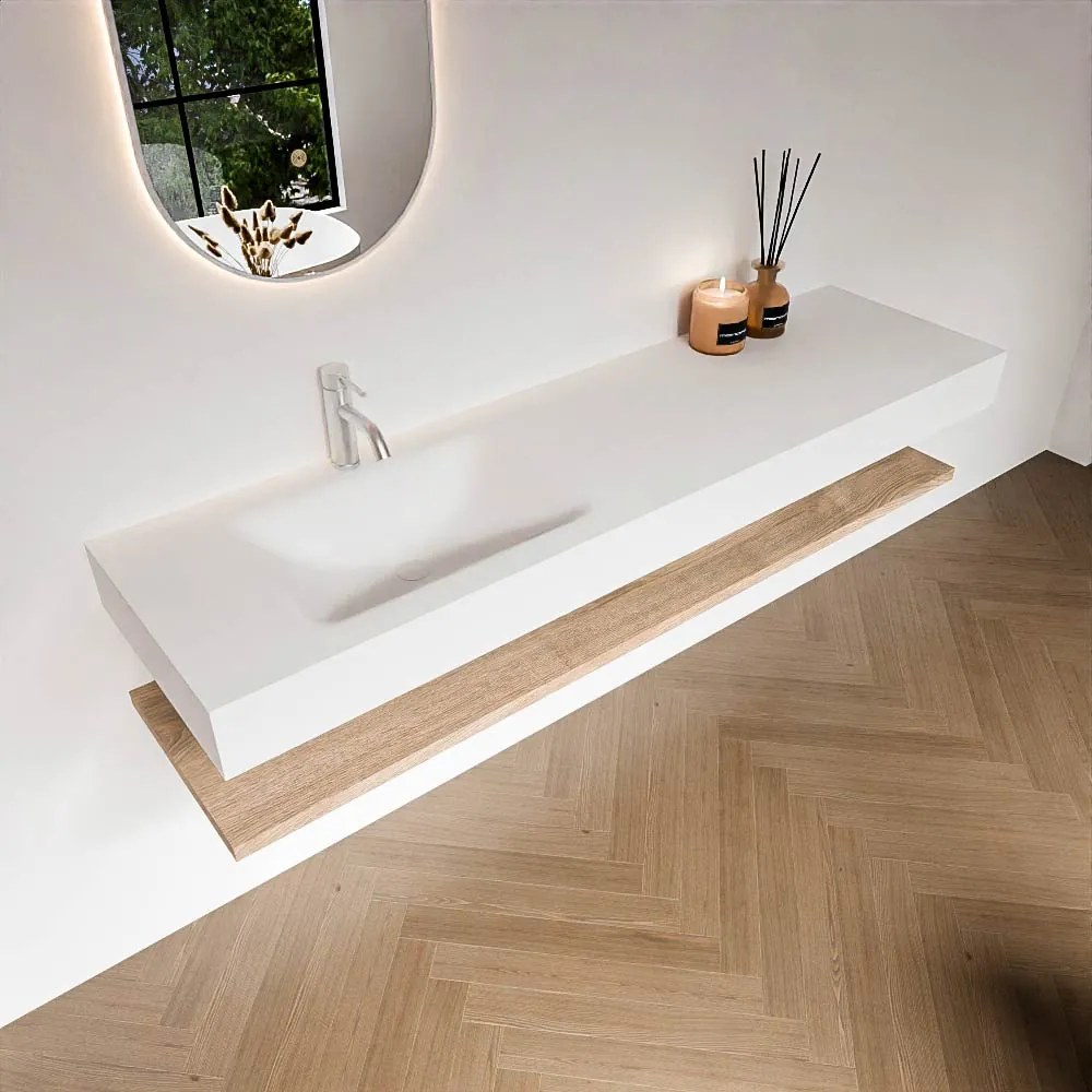 Zaro Alan badmeubel 170cm met planchet washed oak en vrijhangende wastafel cloud links 1 kraangat talc