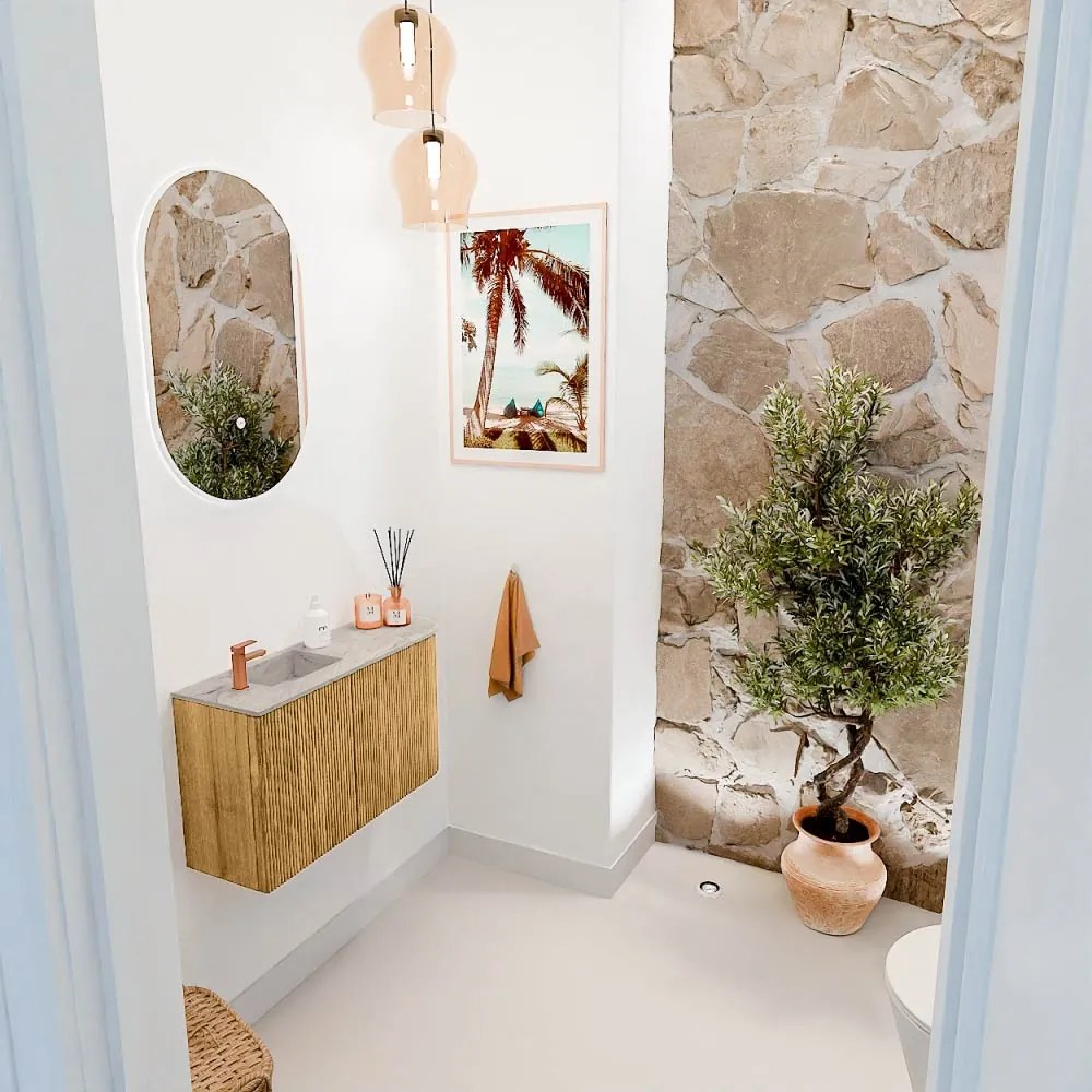 Mondiaz Joya DLux 70cm toiletmeubel ronding rechts oak met wastafel faye links 1 kraangat glace