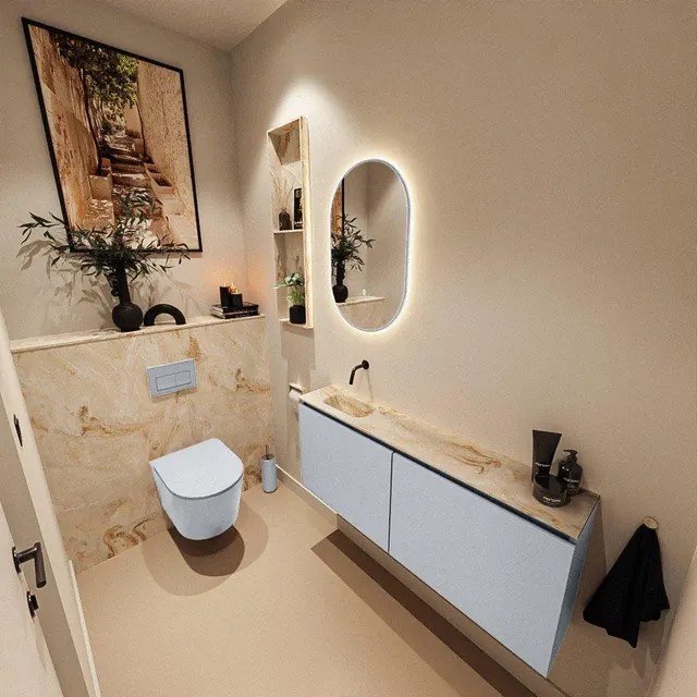 MONDIAZ TURE-DLUX 120cm toiletmeubel Clay. EDEN wastafel Frappe positie links. Zonder kraangat. TUREDX120CLAL0FRA