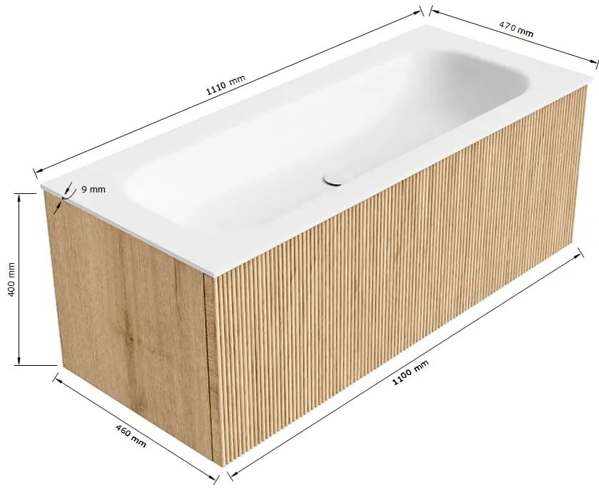 Mondiaz Kurve 110cm badmeubel oak met 1 lade en wastafel big medium midden 1 kraangat urban