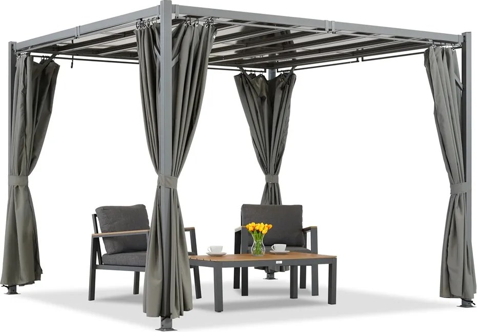Antraciet Paros terraspergola 3x3m met Garden Point gordijnen