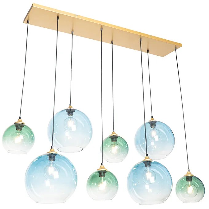 Eettafel / Eetkamer Hanglamp messing met blauw en groen glas 8-lichts - Sandra Art Deco E27 Binnenverlichting Lamp