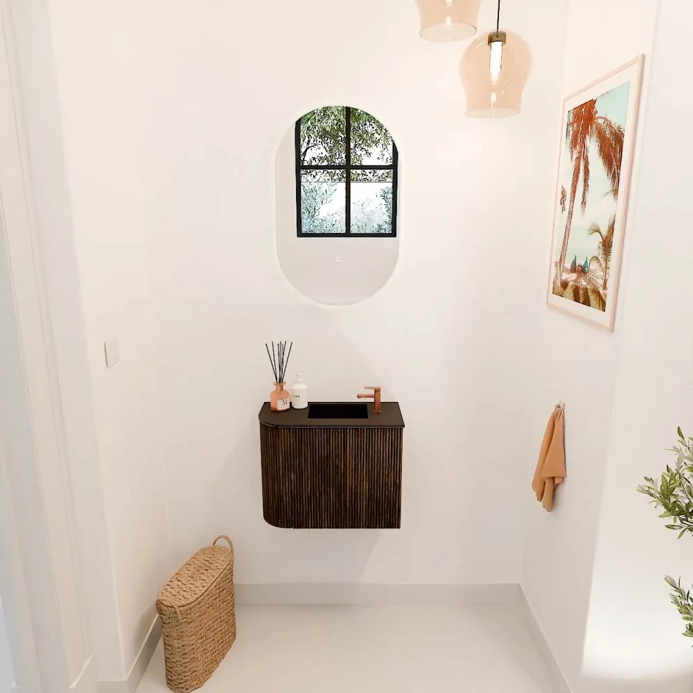 Mondiaz Joya 50cm toiletmeubel ronding links walnut met wastafel faye rechts 1 kraangat urban