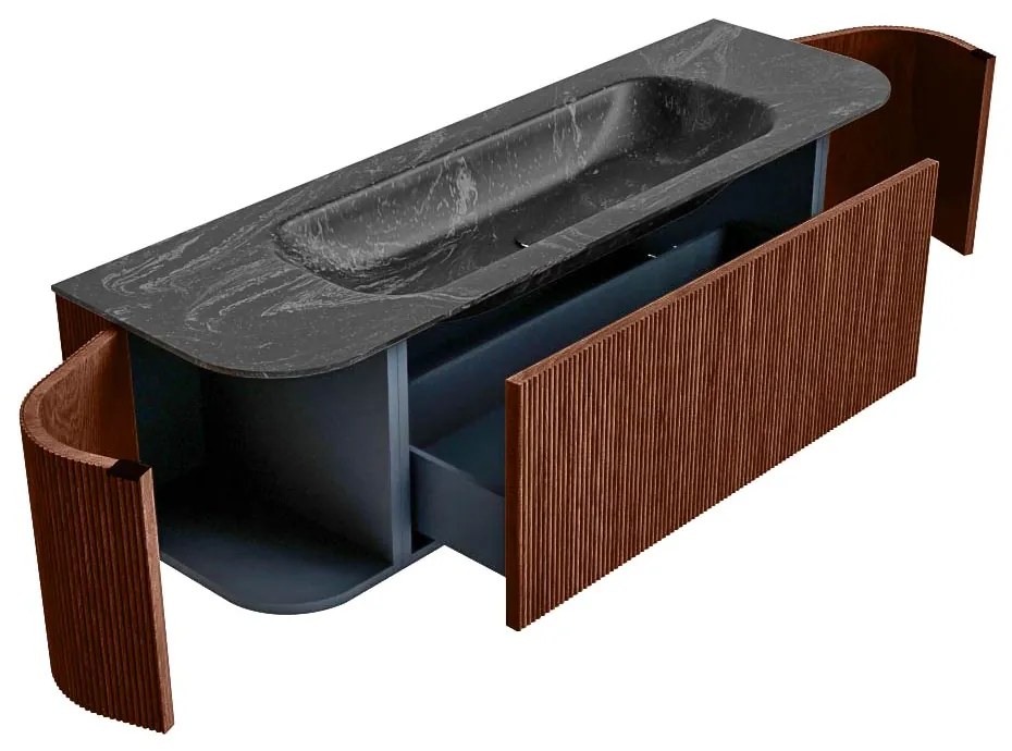 Mondiaz Kurve-dlux 150cm badmeubel ronding links/rechts ruby met 1 lade en 2 deuren en wastafel big medium midden 1 kraangat lava