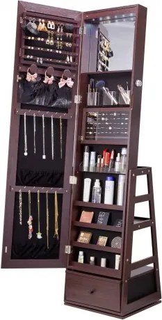 VEVOR Sieradenkast, 360° draaibare staande spiegel met opbergruimte, afsluitbare sieradenspiegelorganizer met spiegel over de hele lengte, fluwelen voering, led-lamp en lade, sieradenkast bruin