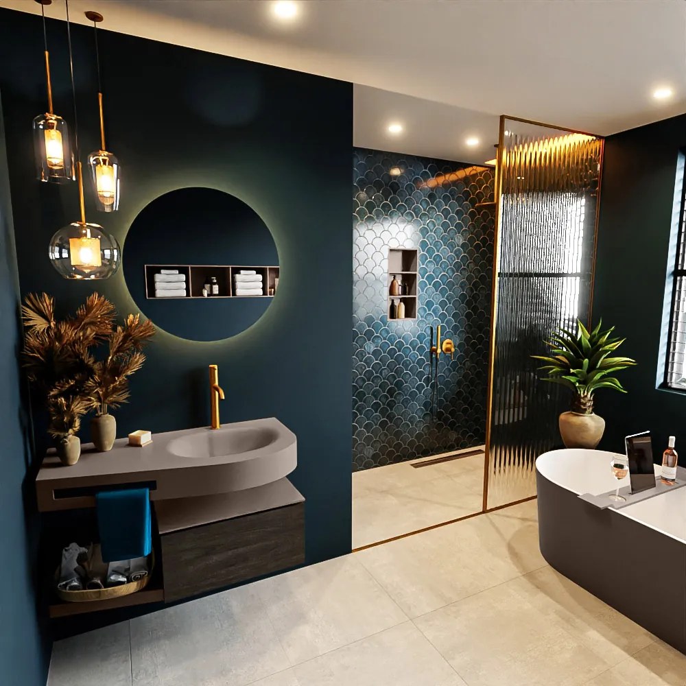 Mondiaz Riva badmeubel 100cm Dark Brown met 1 lade en wastafel rechts 1 kraangat Smoke
