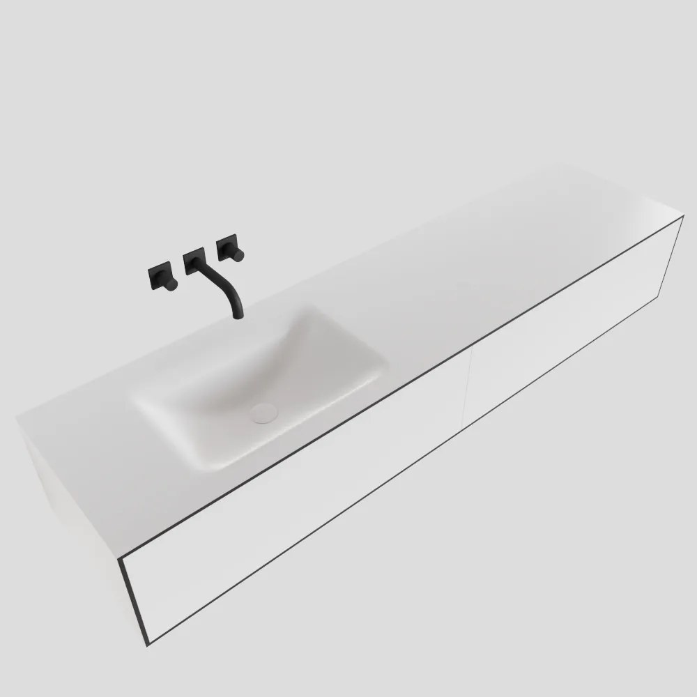 Zaro Lagom volledig naadloos solid surface onderkast 180cm mat zwart met 2 lades Push tot open. Compleet met solid surface wastafel met 0 kraangat(en)