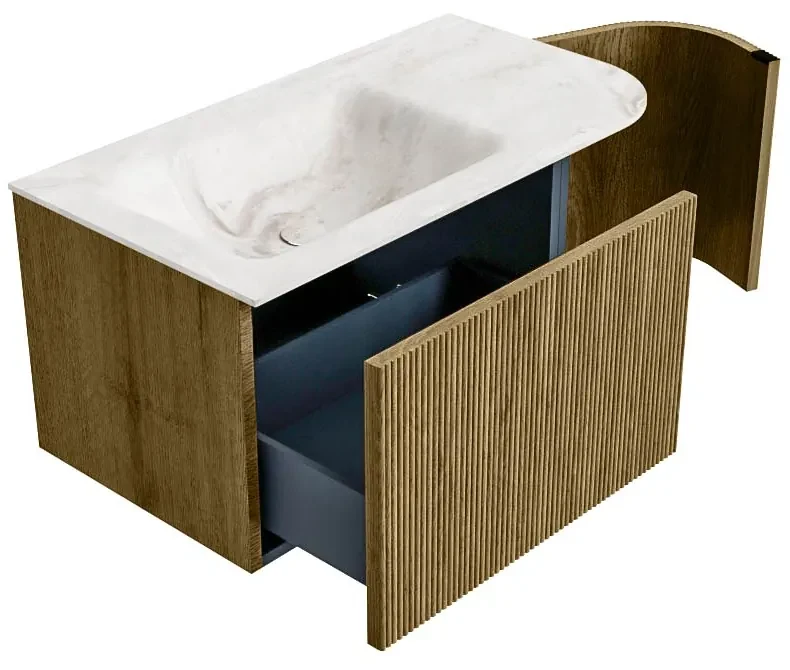 Mondiaz Kurve-dlux 85cm badmeubel ronding rechts dusk met 1 lade en deur en wastafel cloud kraangat links frappe