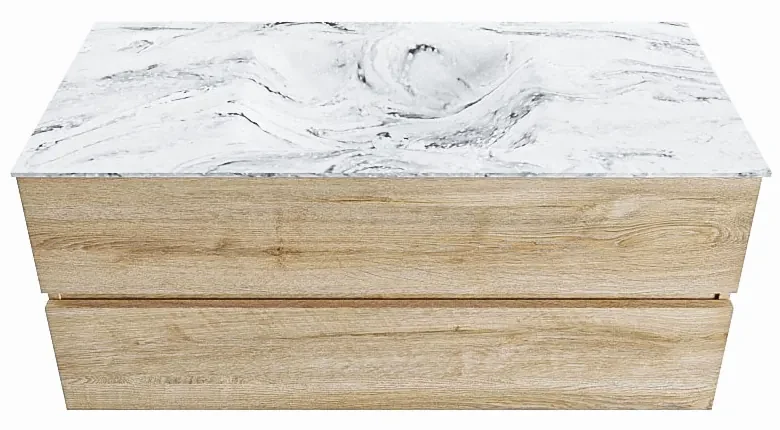 Mondiaz Vica DLux badmeubel 110cm washed oak 2 lades met wastafel glace midden 1 kraangat
