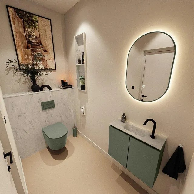 MONDIAZ TURE-DLUX 60cm toiletmeubel Army. EDEN wastafel Opalo positie midden. Met 1 kraangat. TUREDX60ARMM1OPA