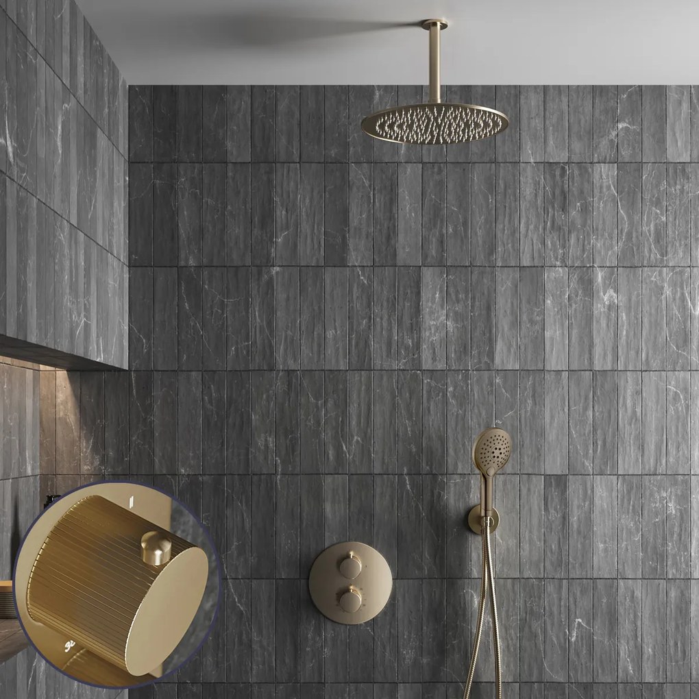 Saniclear Brass Stripes inbouw regendouche rond met 30cm hoofddouche, plafondarm en 2 standen handdouche geborsteld messing - mat goud