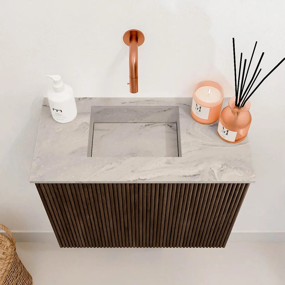 Mondiaz Joya DLux 50cm toiletmeubel walnut met wastafel faye links zonder kraangat glace