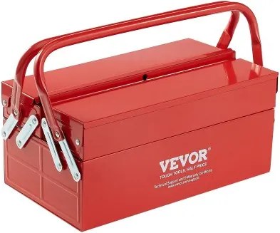 VEVOR Gereedschapskist 355,6 x 200 x 165 mm, 2-laags, 3-compartimenten, gereedschapskist met handvat en slotgat, gepoedercoat staal, gereedschapskoffer voor huishouden, fabriek, magazijn, reparatiewerkplaats, rood