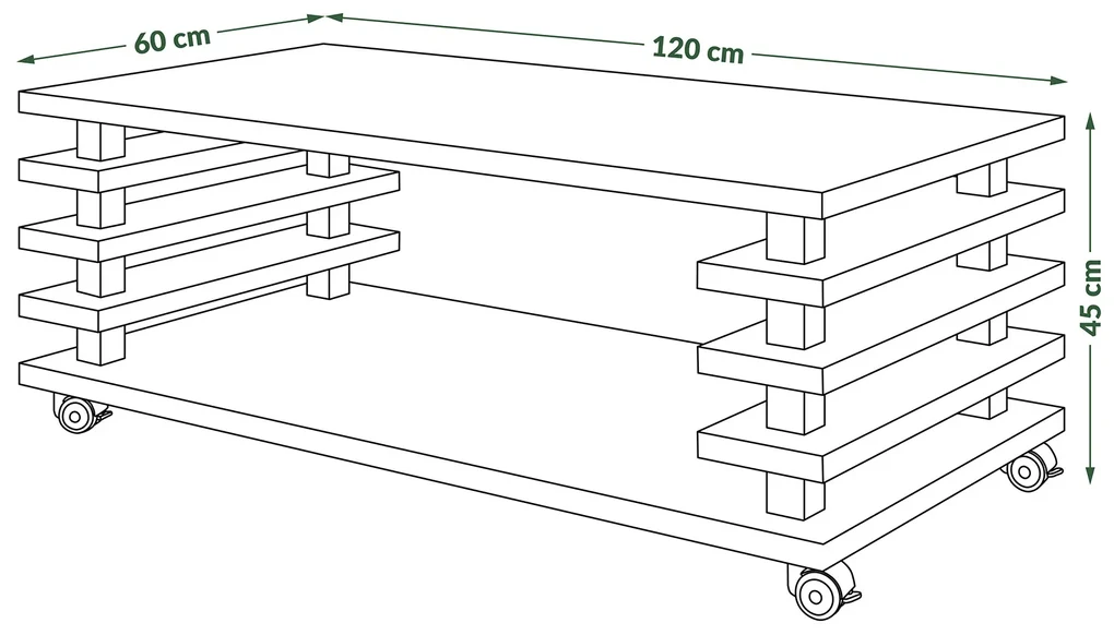 PORTO Beton Millennium - MODERNE KOFFIETAFEL MET LAMELLEN 2IN1, OP WIELEN/POTEN