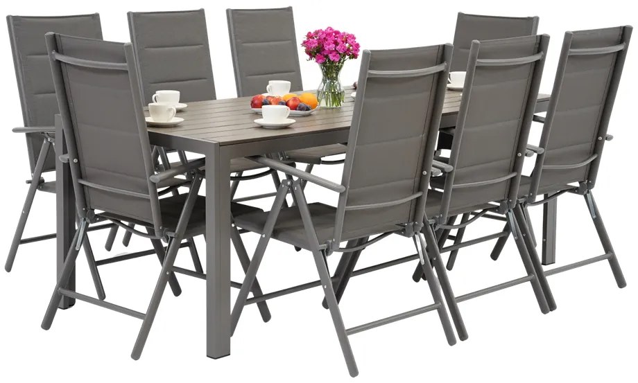 Garden Point grijze aluminium tuinmeubelen met grote Polywood Verona tafel voor 8 personen