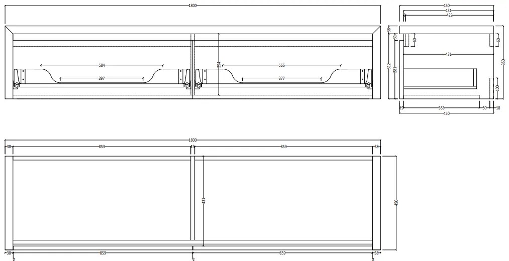 Gliss Design Ares badmeubel 180cm 2 lades charcoal zonder waskom