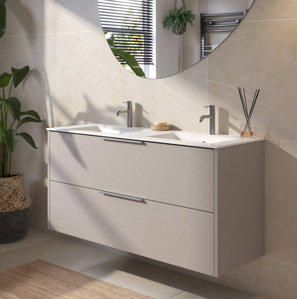 Saqu Lima badmeubel incl. dubbele glans witte keramische wastafel 120x51x61cm mat greige – rvs greep