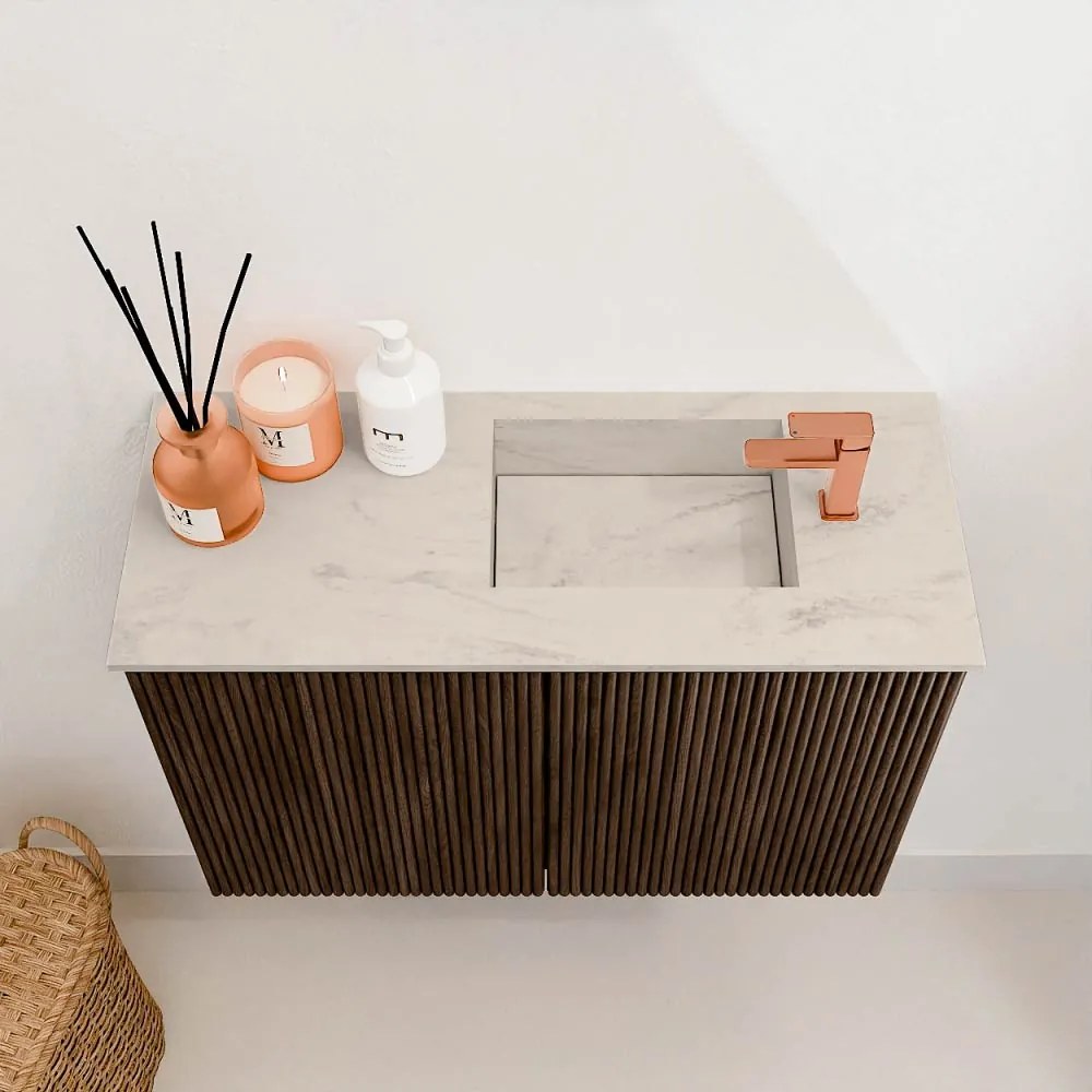Mondiaz Joya DLux 60cm toiletmeubel walnut met wastafel faye rechts 1 kraangat opalo