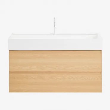 Ona Zwevend Badkamermeubelset Van Hout En Essenfineer Met Geïntegreerde Wastafel Natuurlijk Hout & Spiegelloze & Wit ↑20 Cm Met Aftapkraan Zonder Over