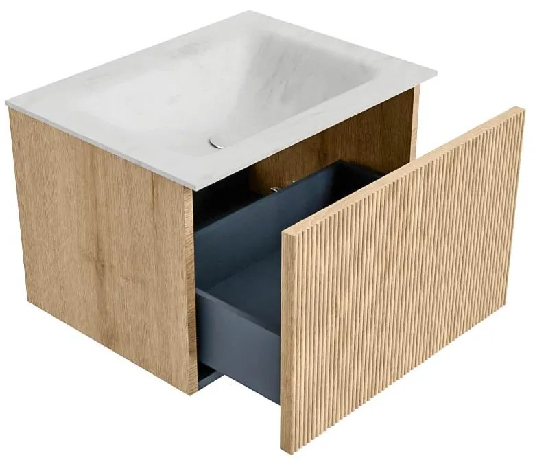 Mondiaz Kurve-dlux 60cm badmeubel oak met 1 lade en wastafel cloud midden 1 kraangat opalo
