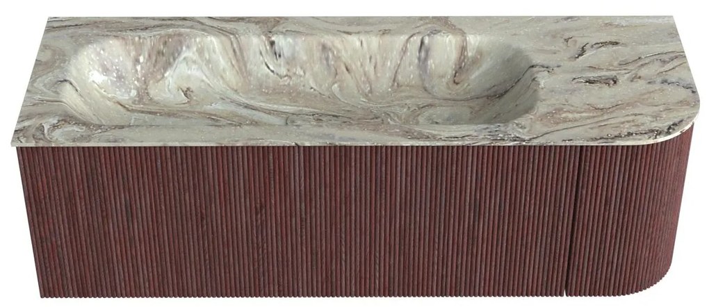 Mondiaz Kurve-dlux 135cm badmeubel ronding rechts ruby met 1 lade en deur en wastafel big medium links zonder kraangat glace