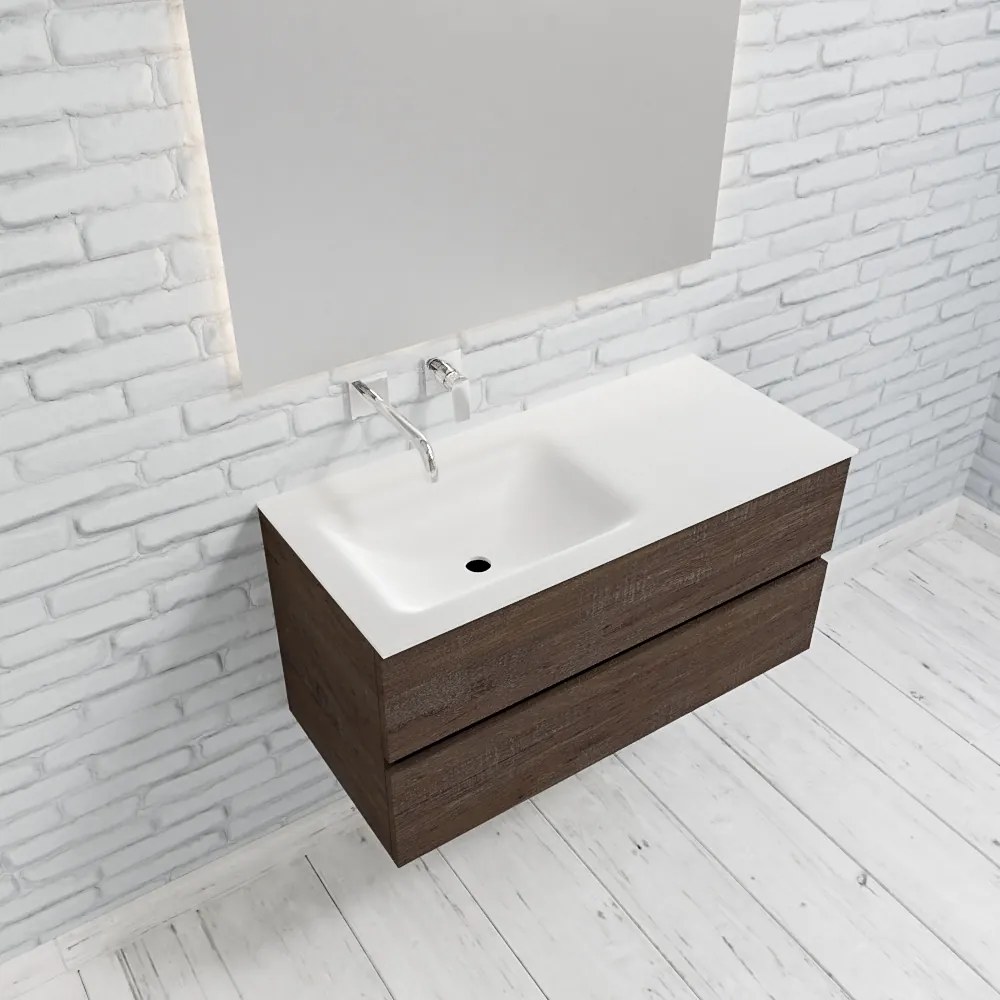 Zaro Valencia Solid Surface badmeubel 100cm donker eiken zonder kraangat spoelbak links met 2 lades