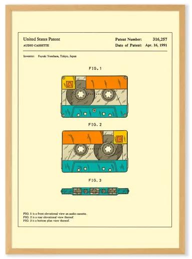 Retro Patent Cassette door Jazzberry Blue, ingelijste print, A3, meerkleurig