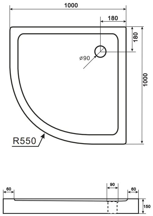 SaniGoods Rondo douchebak kwartrond 100x100x15cm