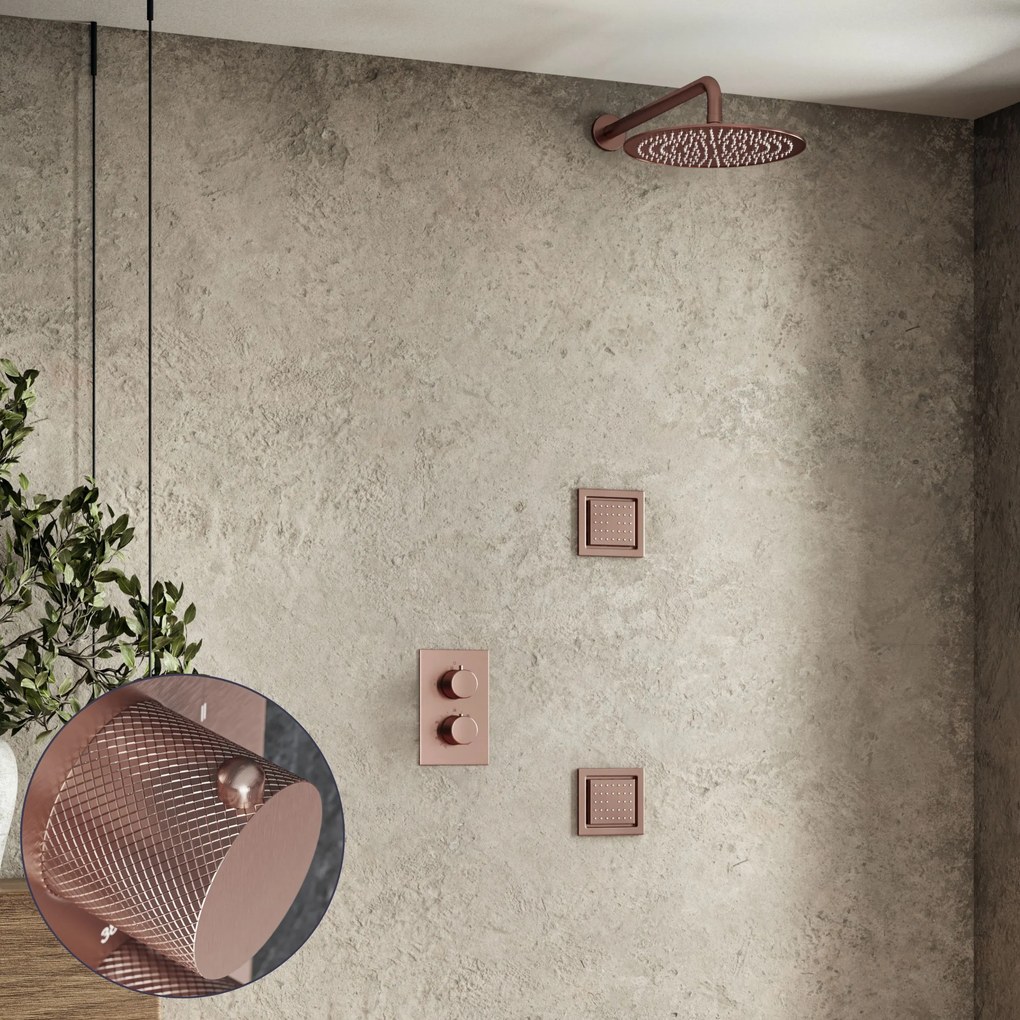 Saniclear Copper Curved inbouw regendouche 20cm met vierkante massagejets en muurarm geborsteld koper