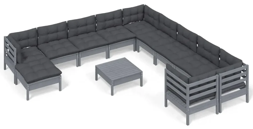 vidaXL 12-delige Loungeset met kussens grenenhout grijs