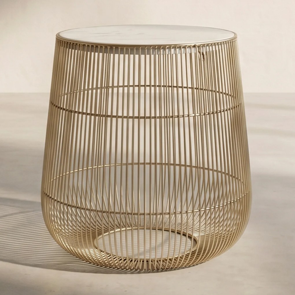 Kare Design Beam White Tafeltje Goud Met Wit Marmer - 32 X 32cm.
