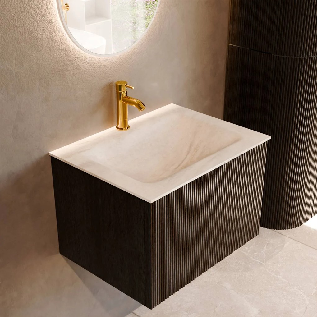 Mondiaz Kurve-dlux 60cm badmeubel shadow met 1 lade en wastafel cloud midden 1 kraangat ostra