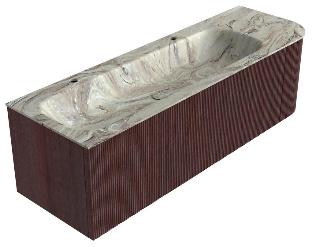 Mondiaz Kurve-dlux 145cm badmeubel ronding rechts ruby met 1 lade en deur en wastafel big large links 2 kraangaten glace