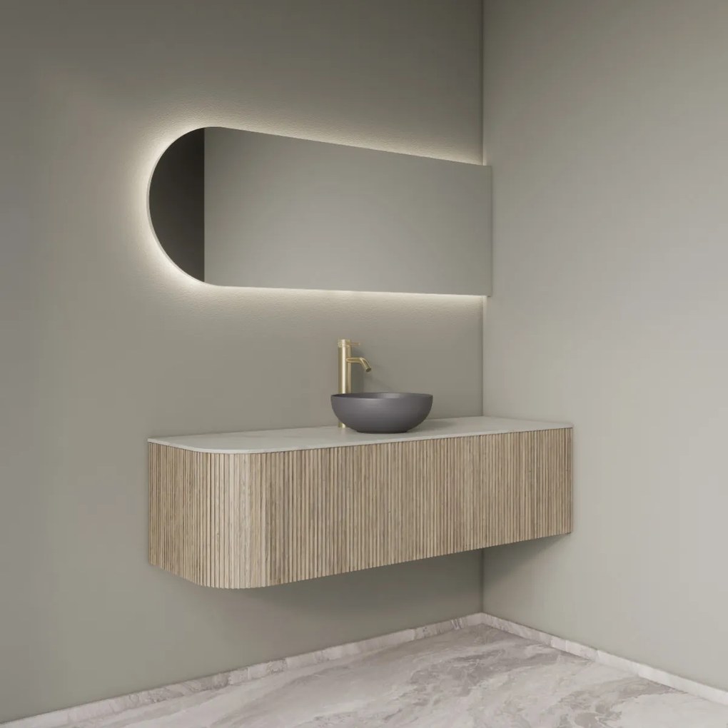 Gliss Design Alluro badmeubel ribbelfront met ronding links 140cm corn silk en wit marmer toppaneel