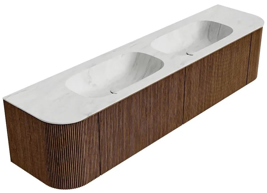 Mondiaz Kurve-dlux 190cm badmeubel ronding links/rechts walnut met 2 lades en deuren en wastafel stor small dubbel zonder kraangat opalo