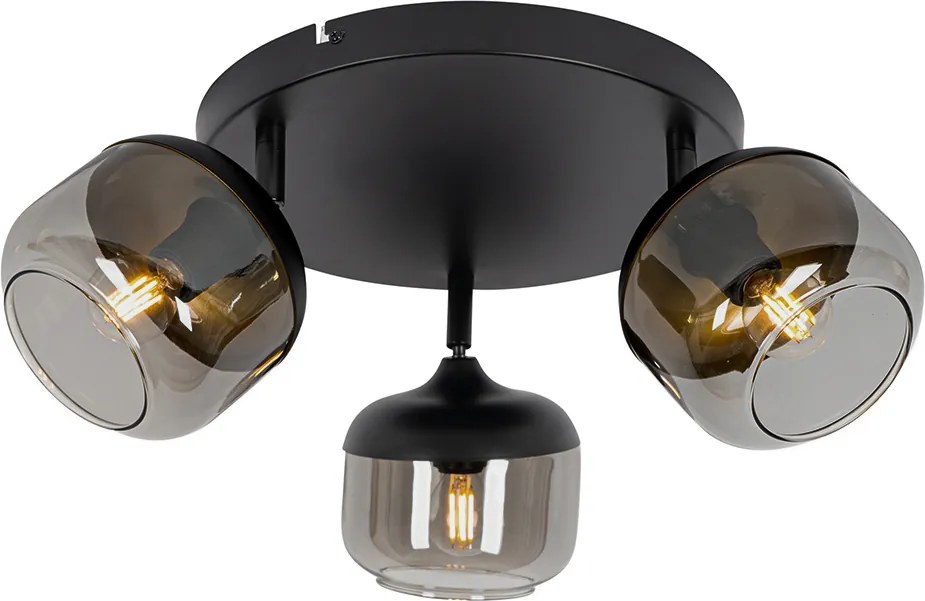 Design spot zwart met goud en smoke glas 3-lichts rond - Kyan